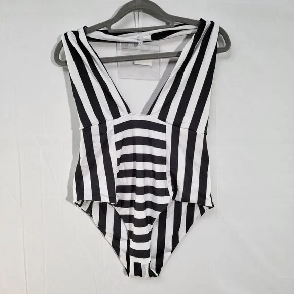 Pretty Little Thing Black & White Striped One Piece Sexy Bikini Swimsuit Size 10 - Picture 2 of 10